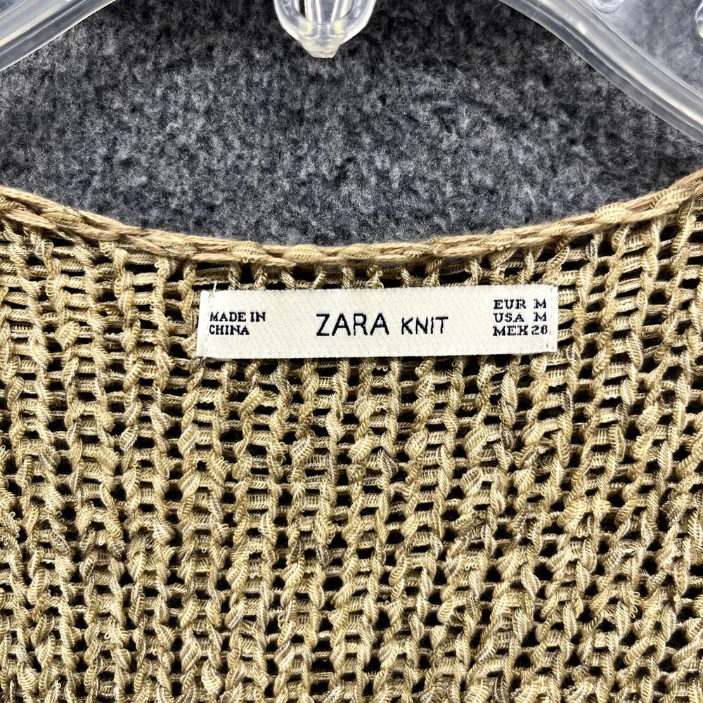 Zara Knit Cardigan Medium Tan Open Crochet Fringe Tassels Taupe raglan sleeve - Picture 10 of 16